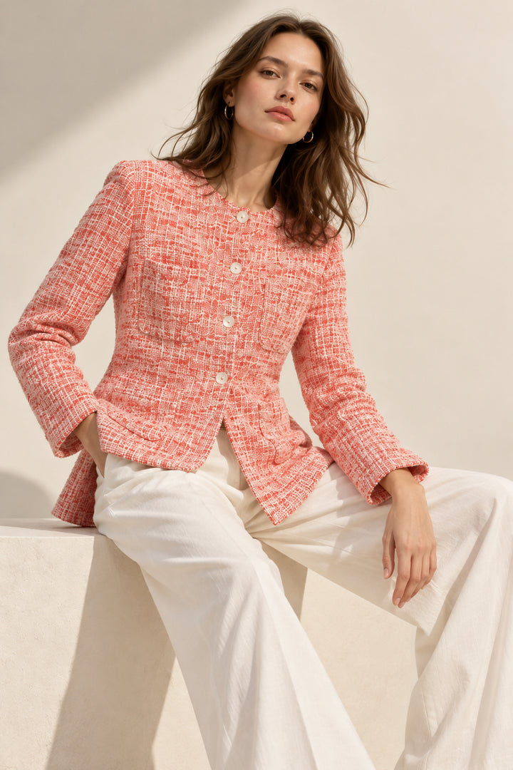 Coral Textured Jacket with Round Neck and Button Closure