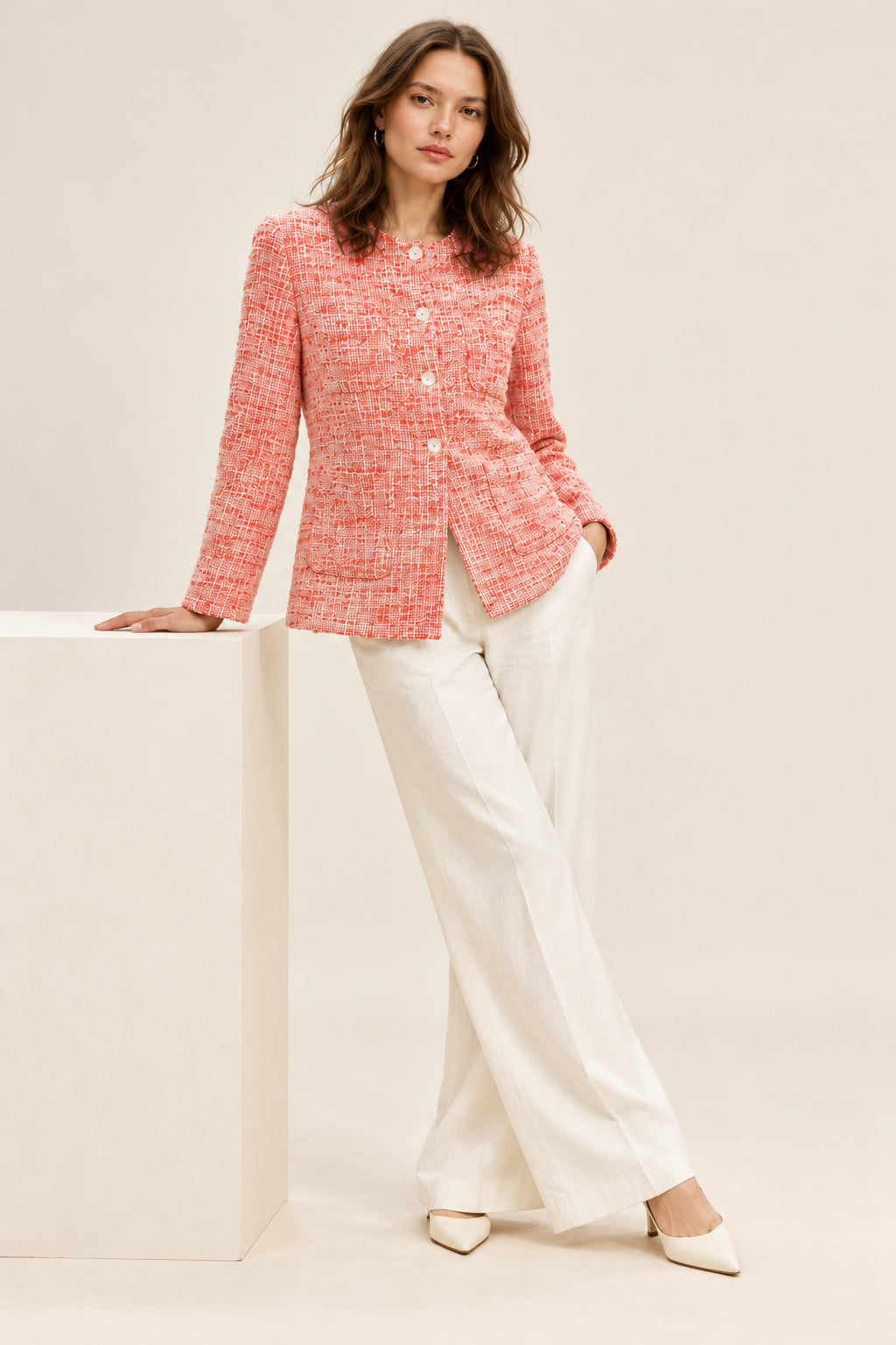Coral Textured Jacket with Round Neck and Button Closure