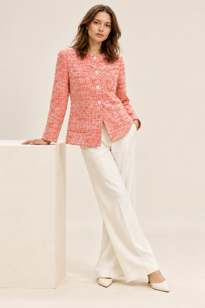 Coral Textured Jacket with Round Neck and Button Closure