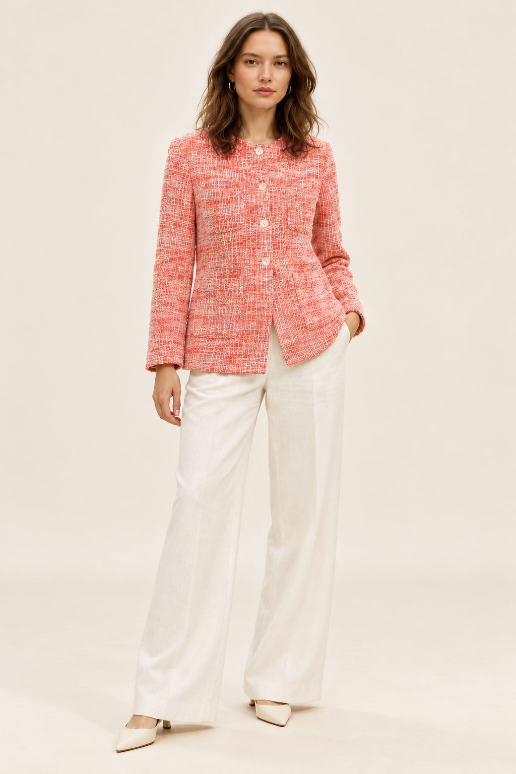 Coral Textured Jacket with Round Neck and Button Closure