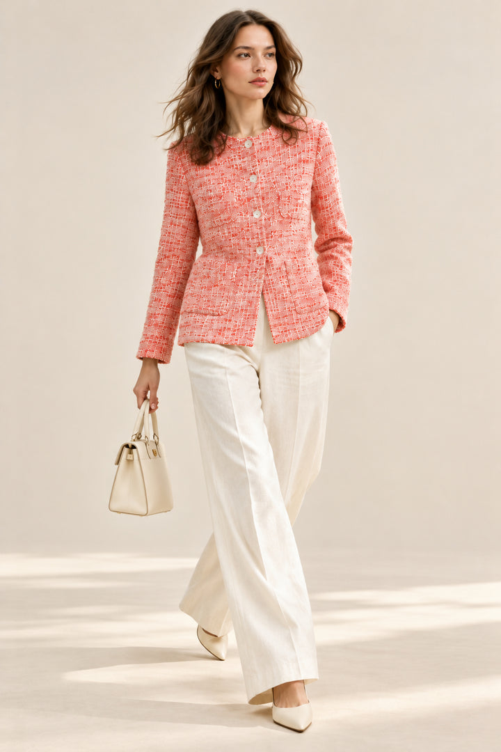 Coral Textured Jacket with Round Neck and Button Closure
