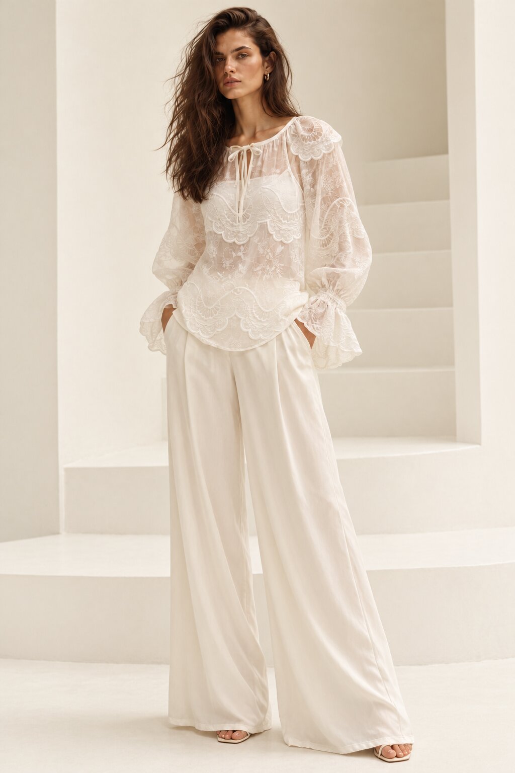 White Scalloped Floral Embroidered Sheer Blouse