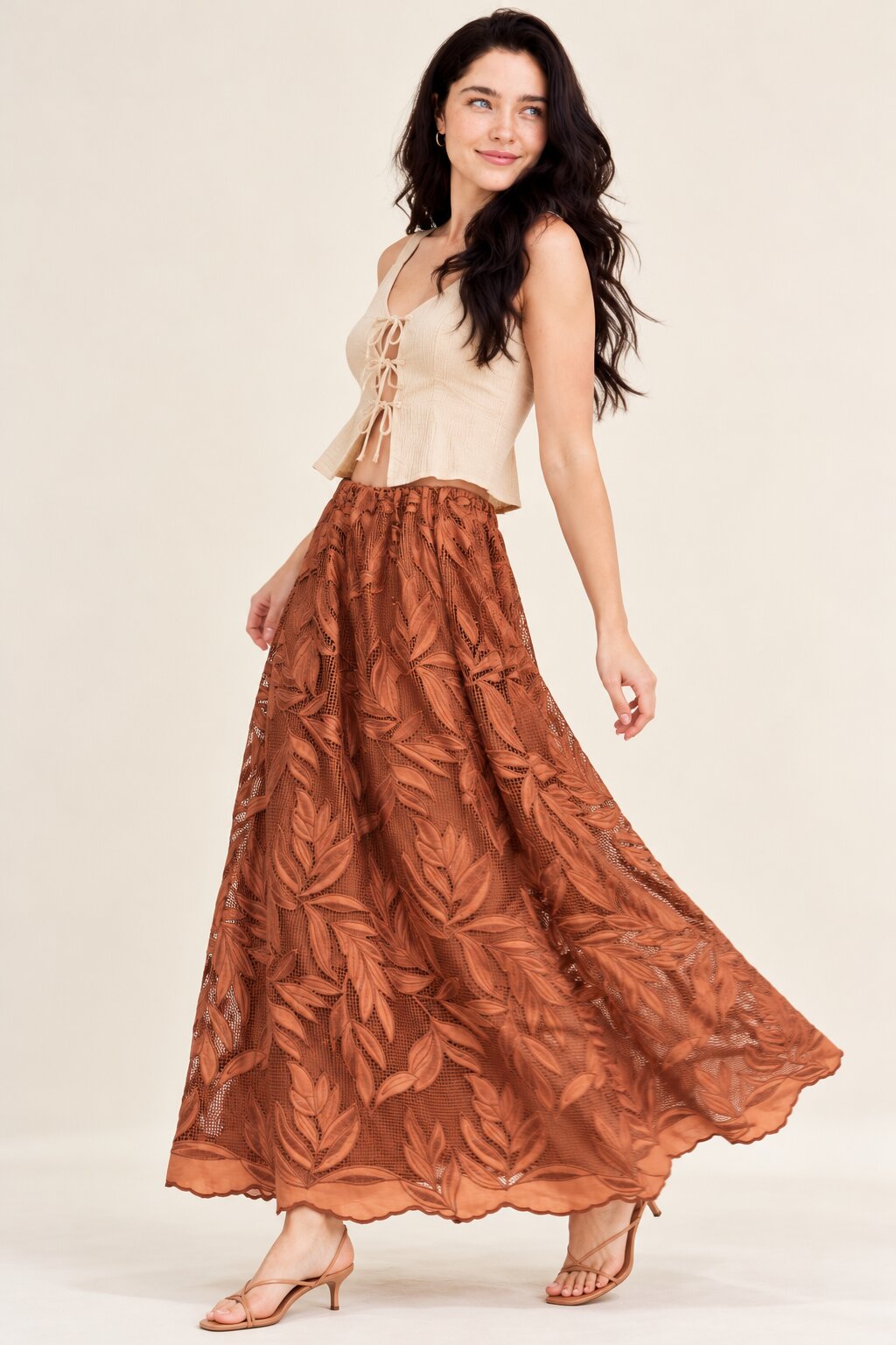 Rust Brown Leaf Embroidered Maxi Skirt