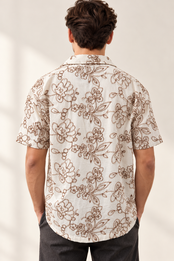 Ivory Cream &amp; Brown Floral Embroidered Short Sleeve Shirt