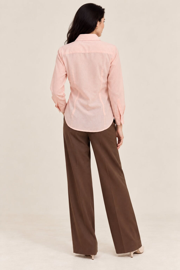 Peach Pink Shirt with Blue Contrast Cuffs