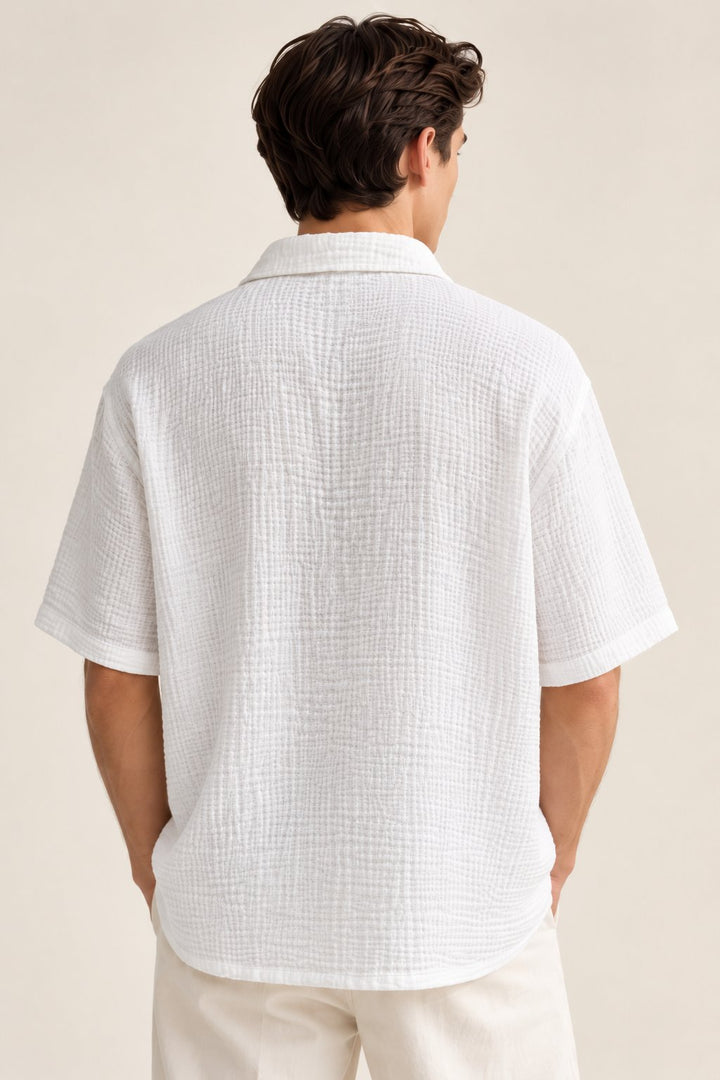 White Crinkle Textured Short Sleeve Shirt
