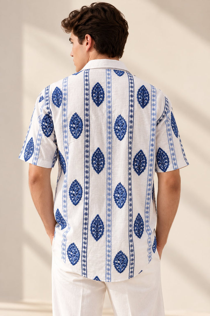 White &amp; Blue Motif Embroidered Camp Collar Shirt