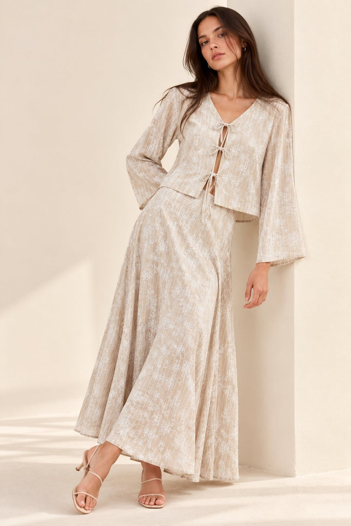 Taupe Floral Stripe Tie-Front Top and Maxi Skirt Co-Ord Set