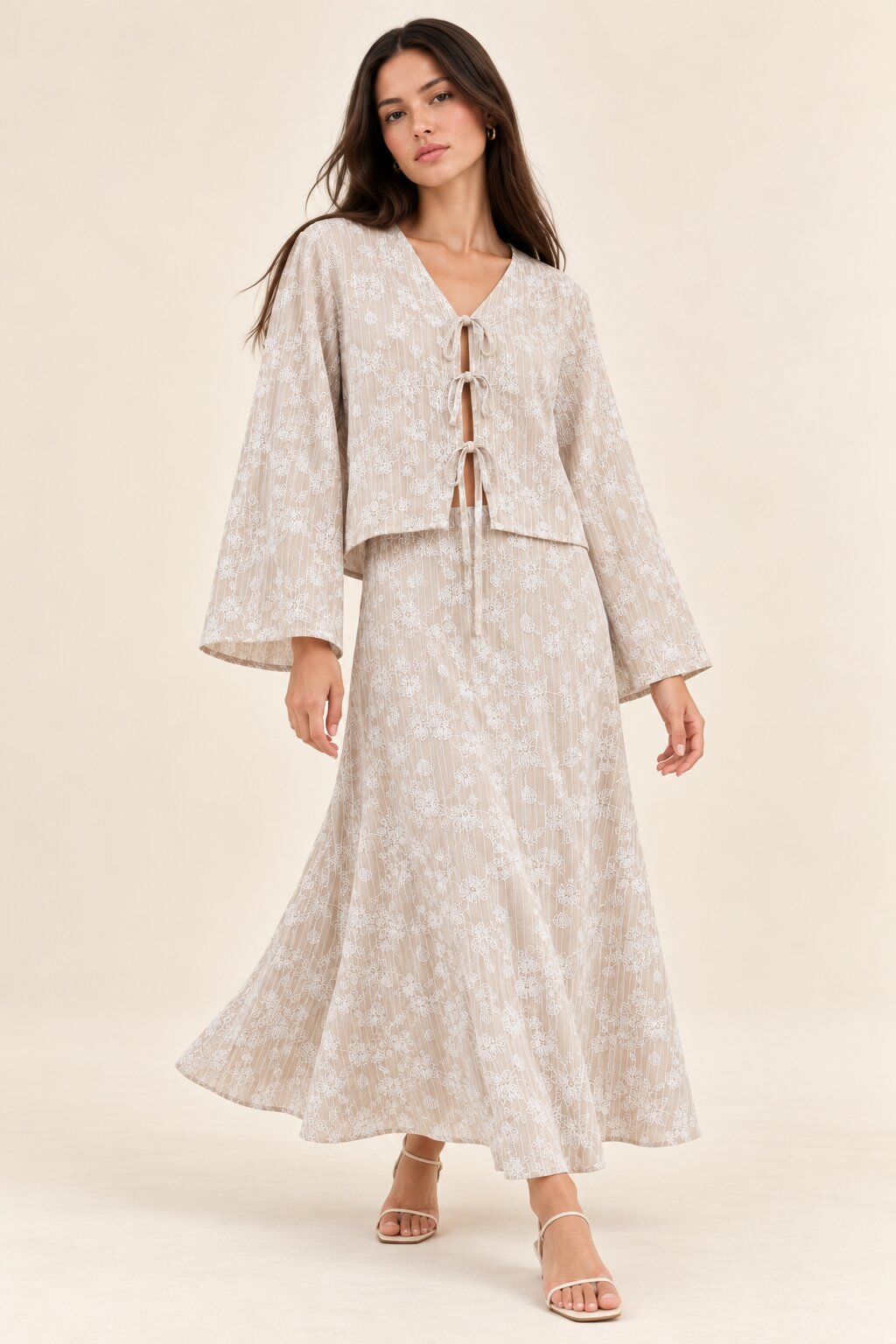 Taupe Floral Stripe Tie-Front Top and Maxi Skirt Co-Ord Set
