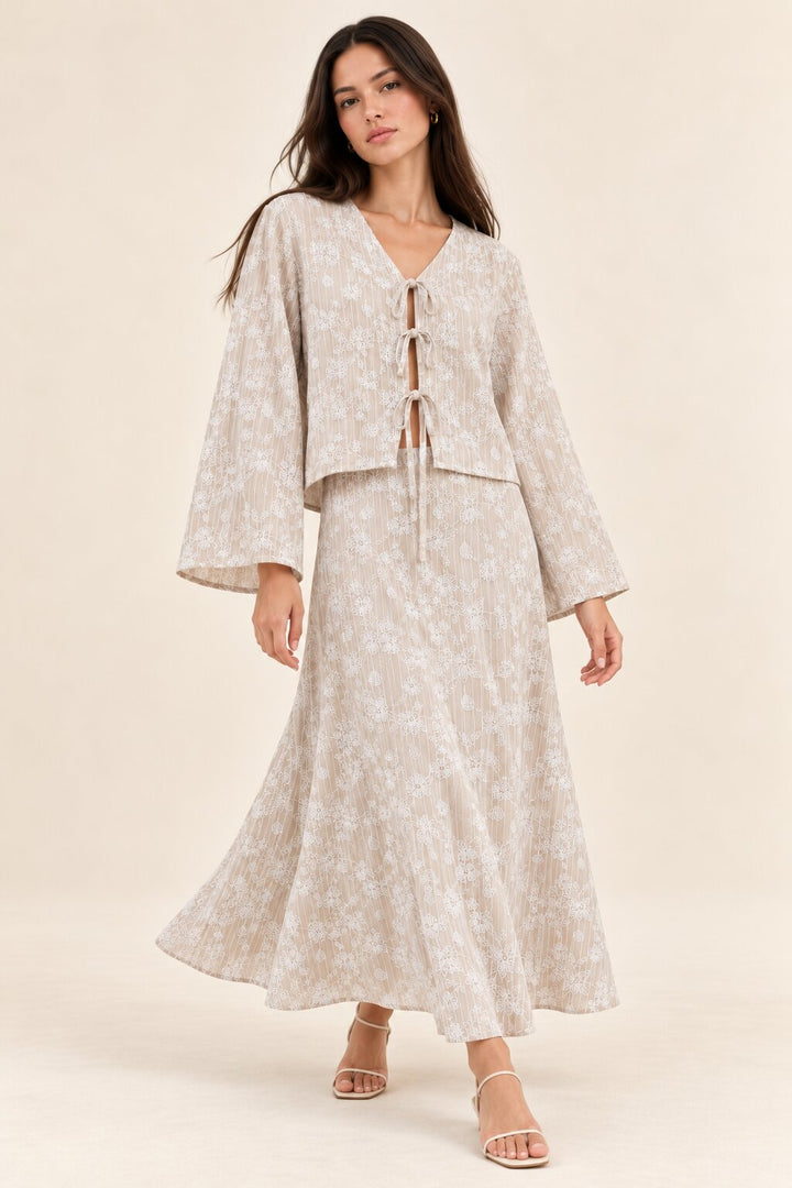 Taupe Floral Stripe Tie-Front Top and Maxi Skirt Co-Ord Set