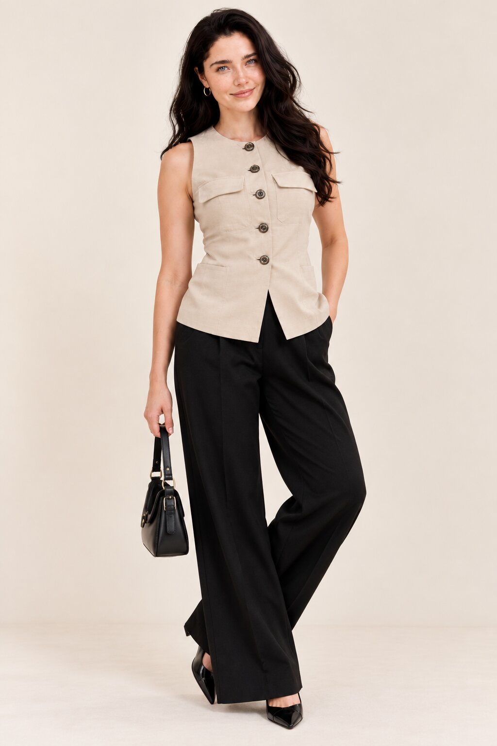 Beige Sleeveless Button-Front Vest