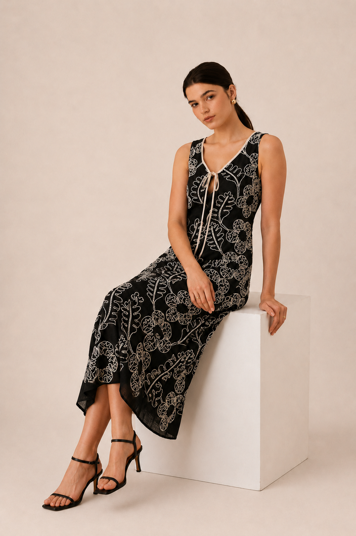 Monochrome Floral Midi Dress