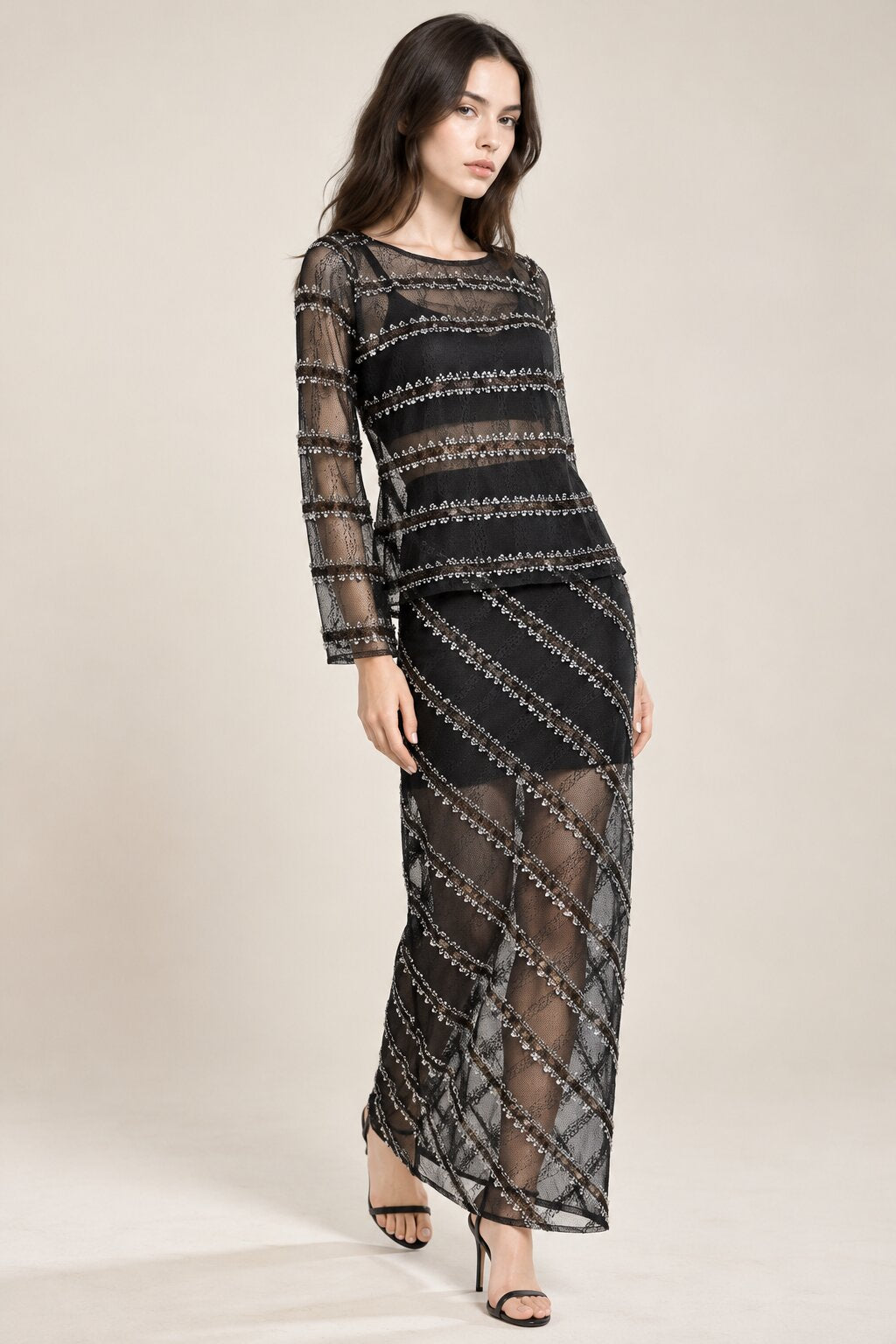 Black Sequin Embellished Mesh Top &amp; Maxi Skirt Co-Ord Set