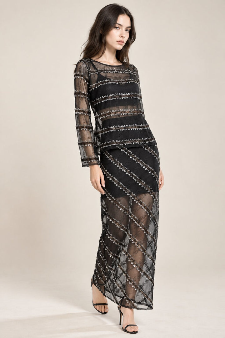 Black Sequin Embellished Mesh Top &amp; Maxi Skirt Co-Ord Set
