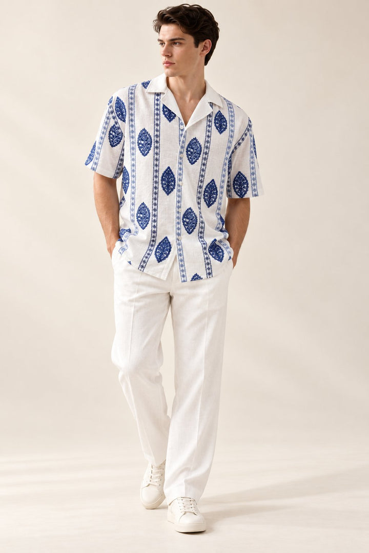 White &amp; Blue Motif Embroidered Camp Collar Shirt