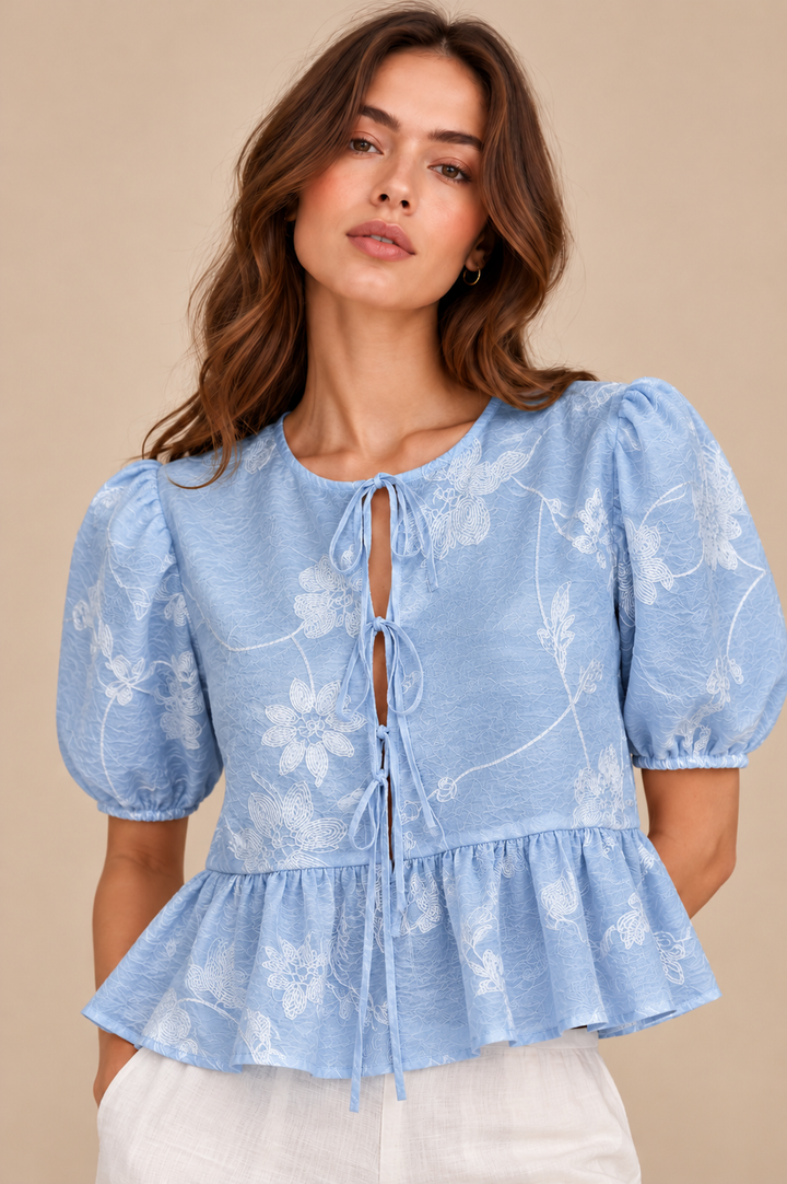 Blue Floral Embroidered Puff Sleeve Top