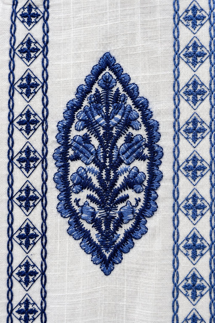 White &amp; Blue Motif Embroidered Camp Collar Shirt
