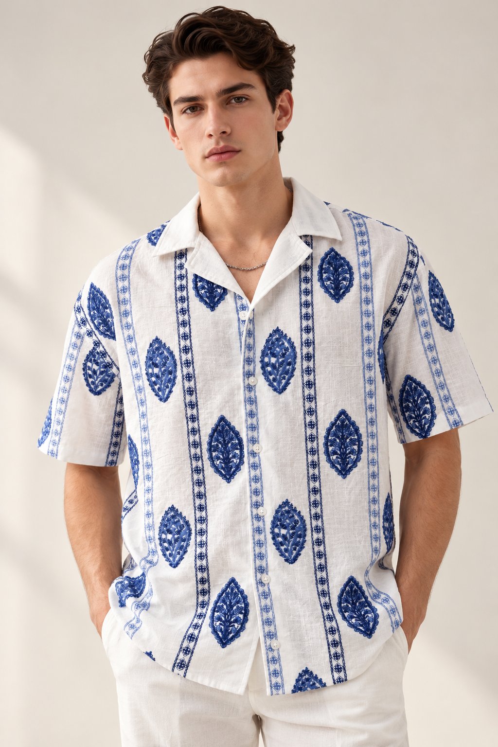 White &amp; Blue Motif Embroidered Camp Collar Shirt