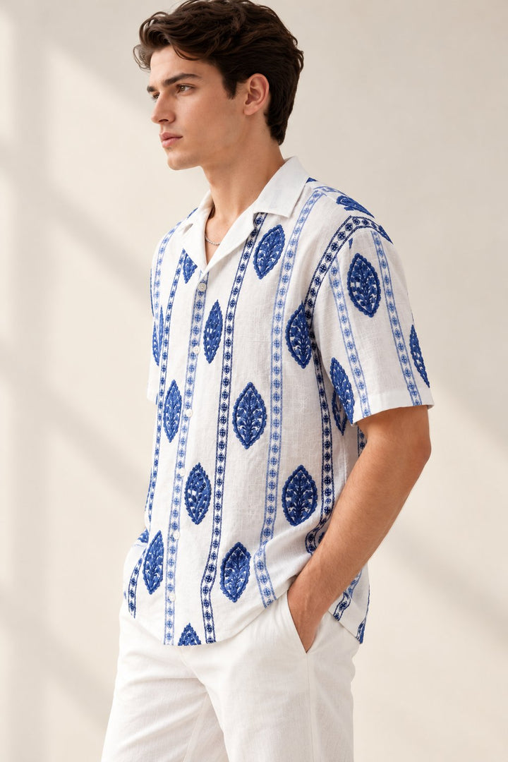 White &amp; Blue Motif Embroidered Camp Collar Shirt