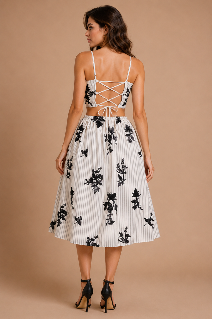 Lace-Up Back Striped Midi Dress