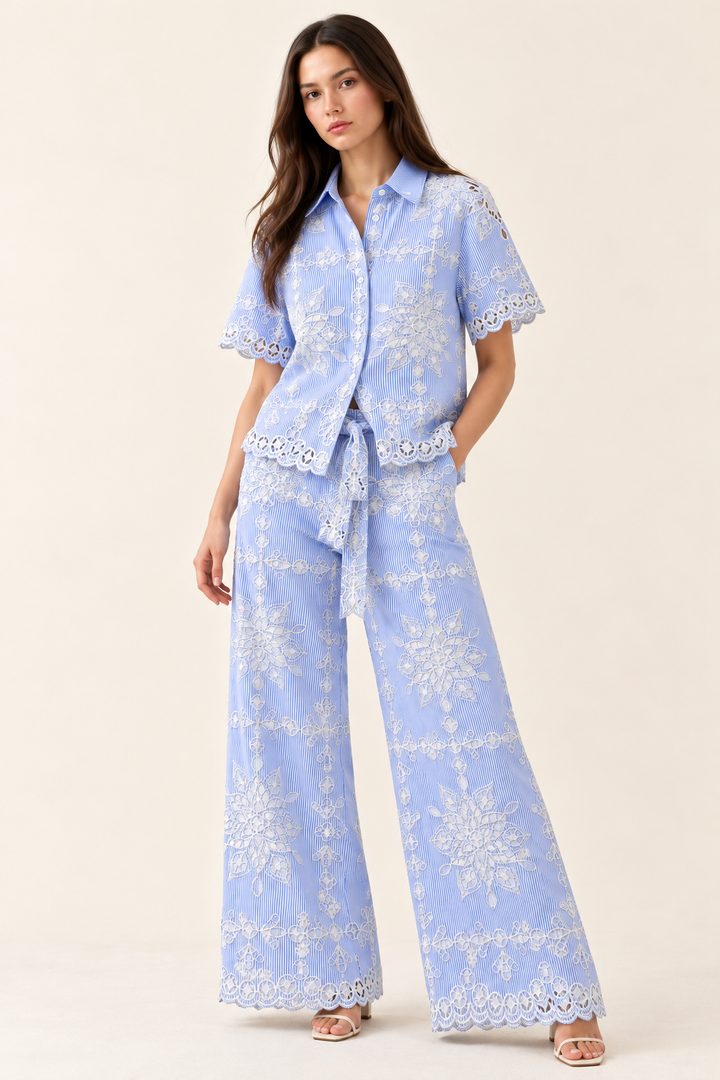 Blue Stripe Embroidered Co-Ord Set