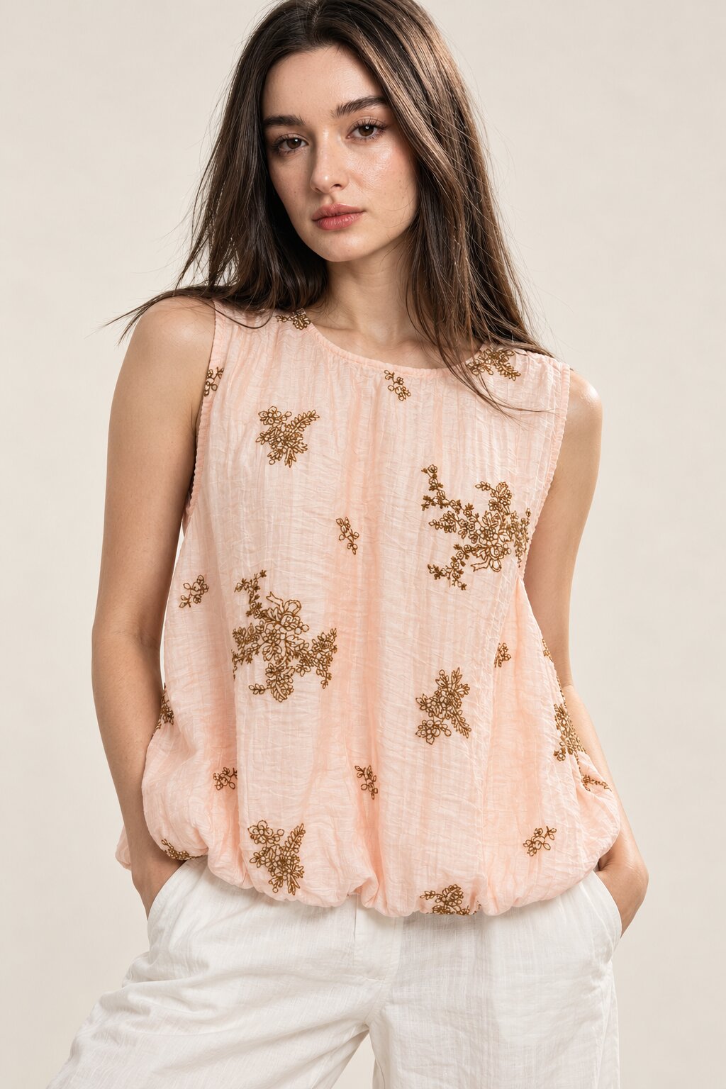 Peach Floral Embroidered Sleeveless Bubble Top