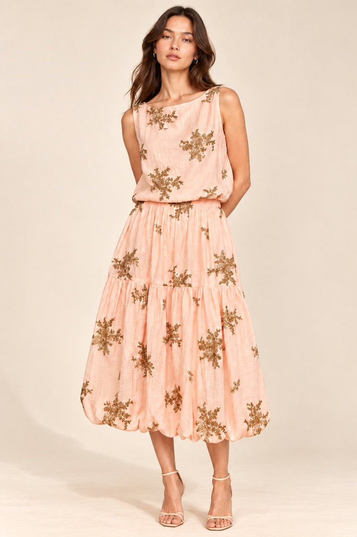Blush Peach Embroidered Balloon-Hem Coord Set