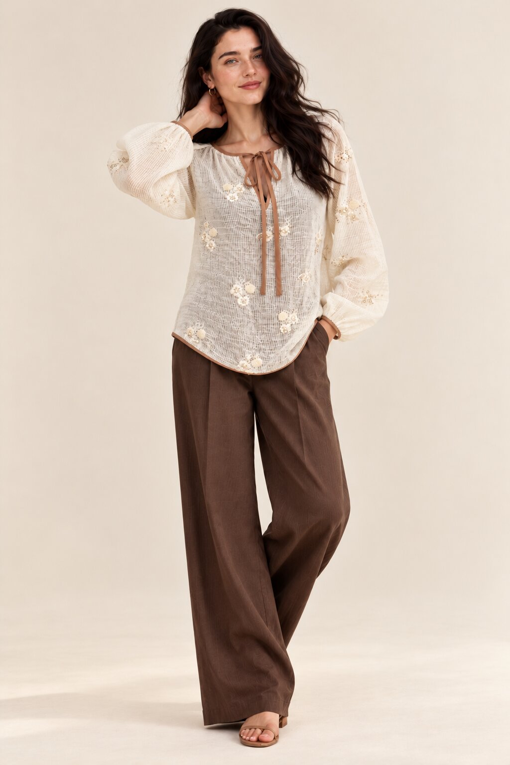 Ivory Floral Sequin Embellished Blouse with Tie-Up Neckline