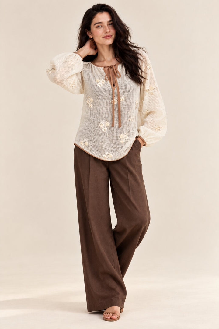 Ivory Floral Sequin Embellished Blouse with Tie-Up Neckline