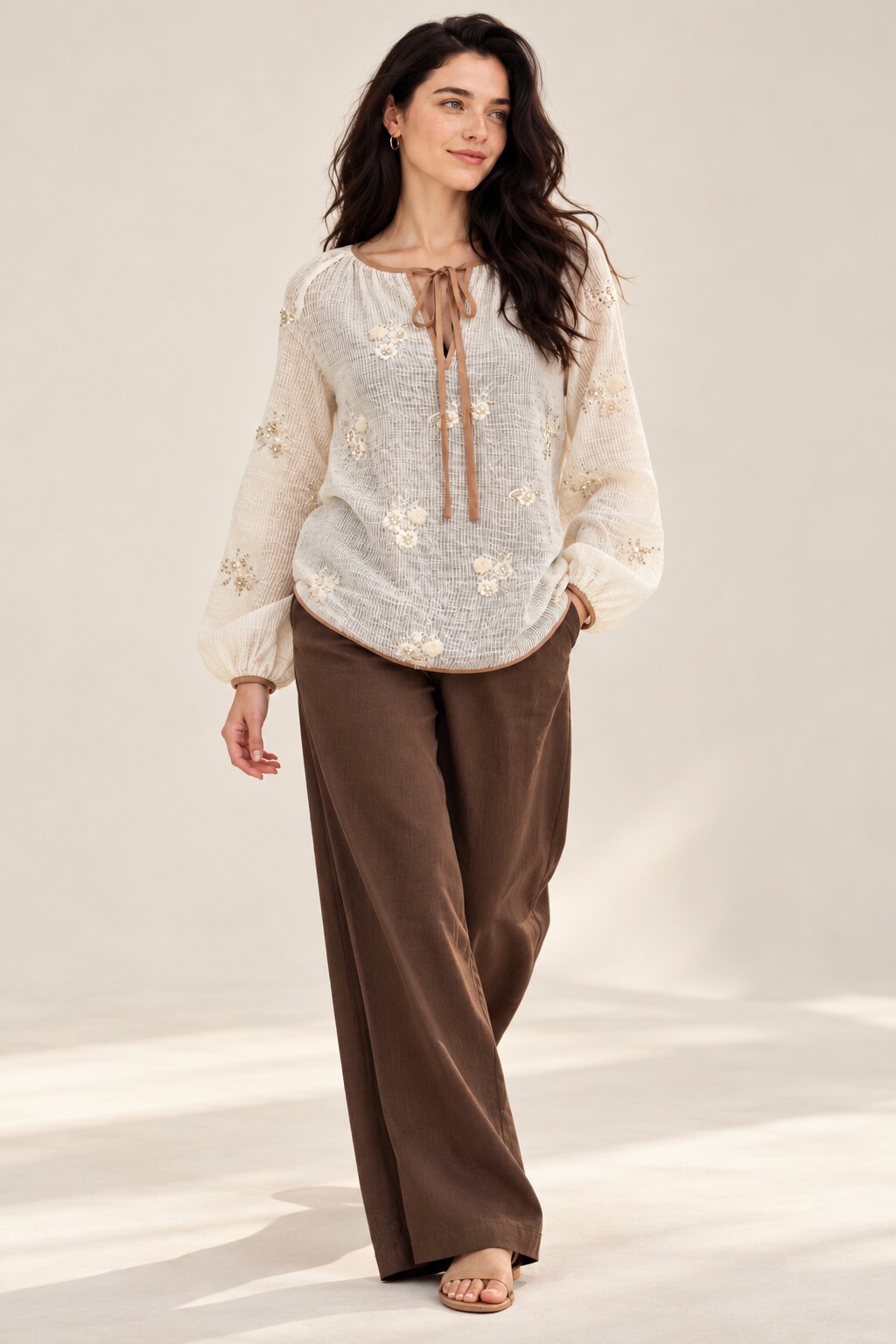 Ivory Floral Sequin Embellished Blouse with Tie-Up Neckline