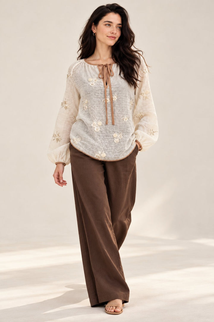 Ivory Floral Sequin Embellished Blouse with Tie-Up Neckline
