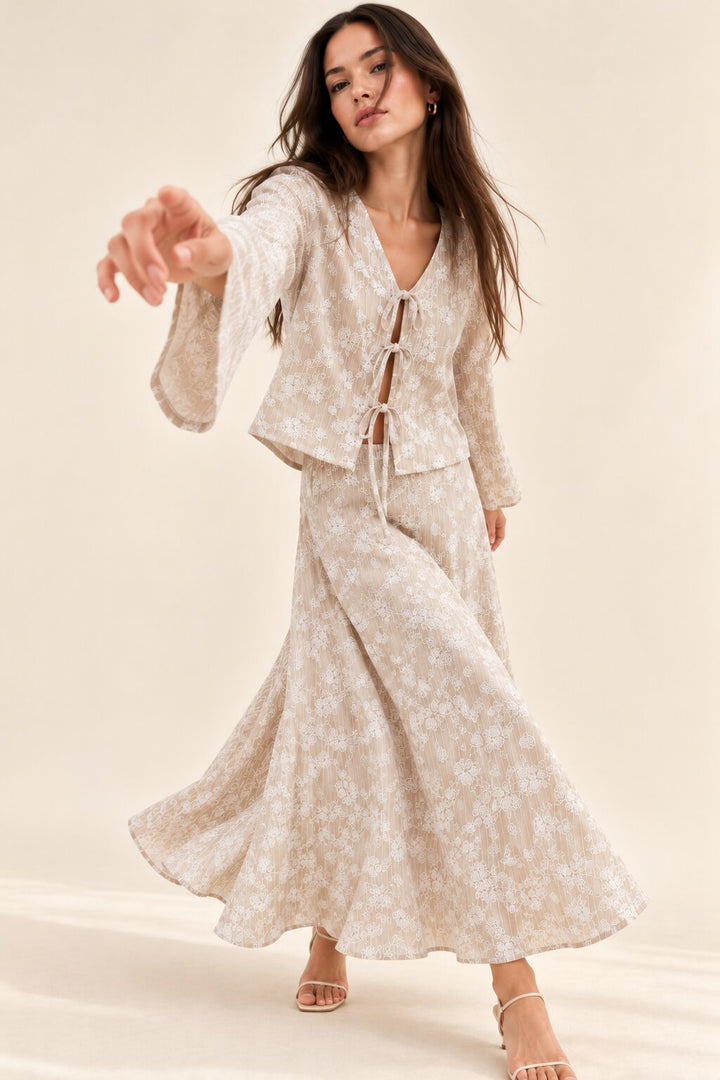 Taupe Floral Stripe Tie-Front Top and Maxi Skirt Co-Ord Set