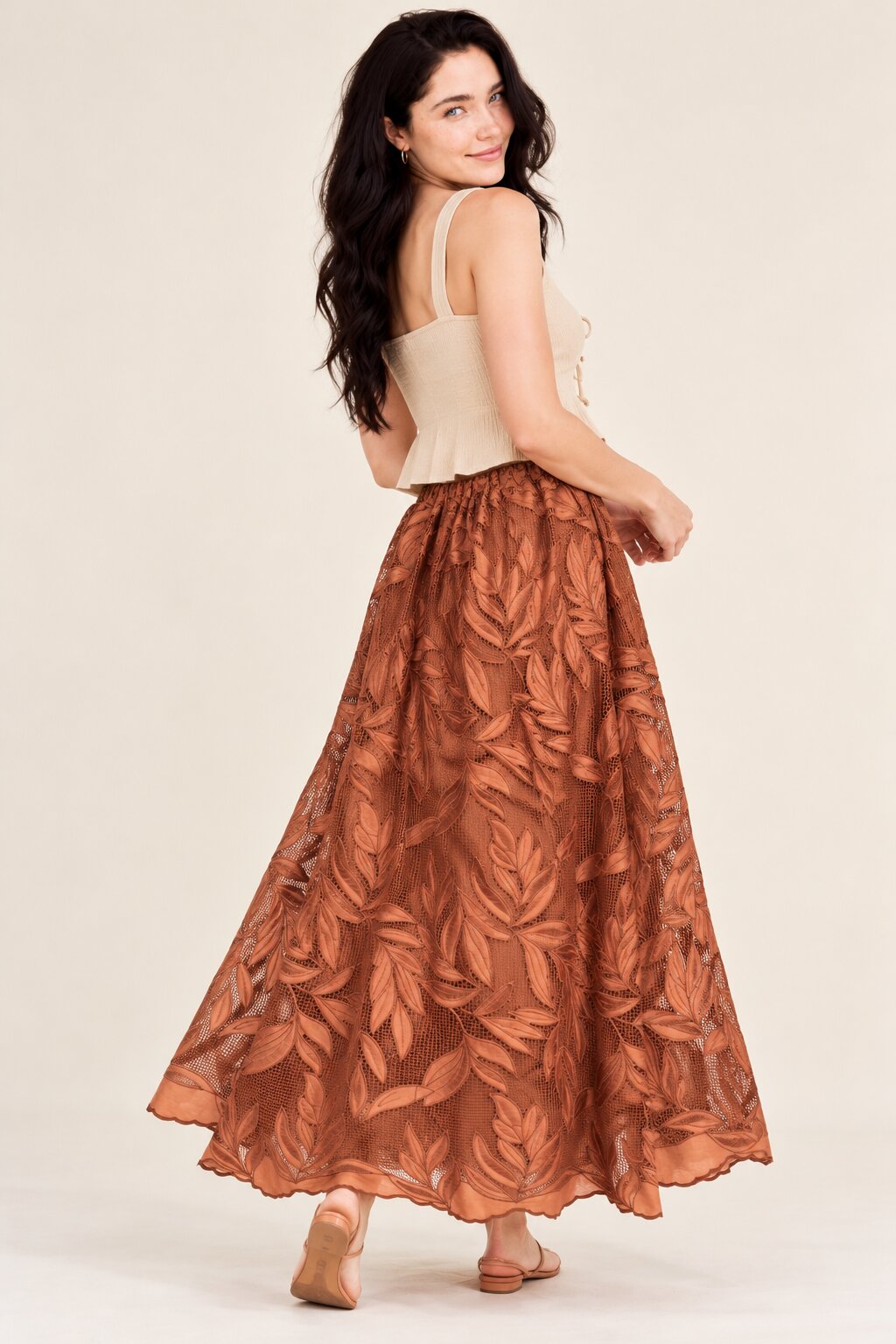 Rust Brown Leaf Embroidered Maxi Skirt