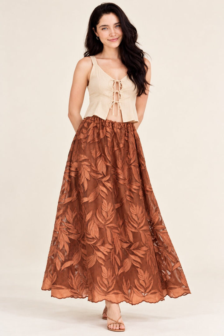 Rust Brown Leaf Embroidered Maxi Skirt