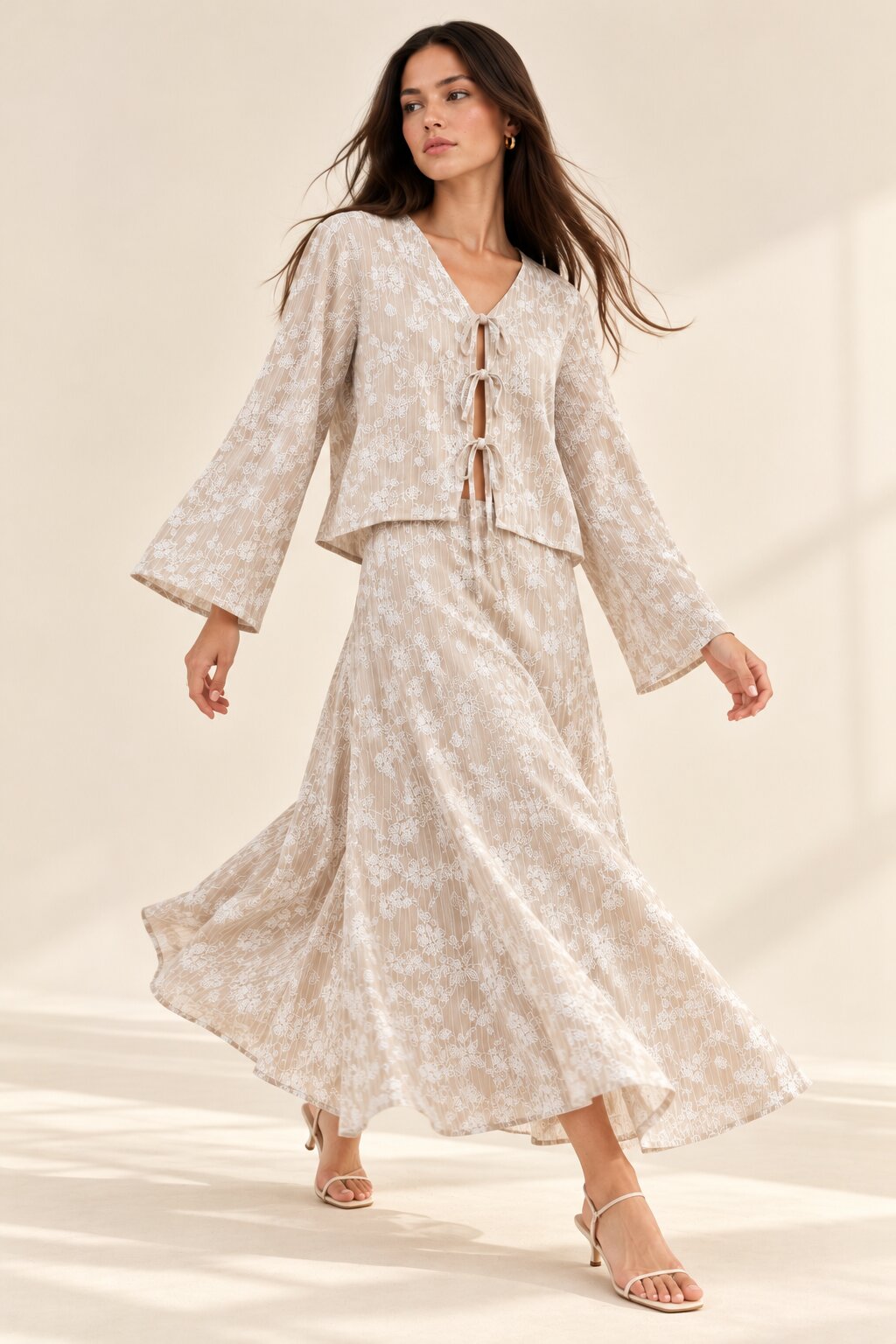 Taupe Floral Stripe Tie-Front Top and Maxi Skirt Co-Ord Set