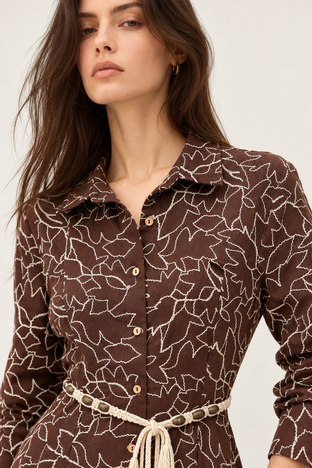 Chocolate Brown Embroidered Shirt Dress with Braided Belt