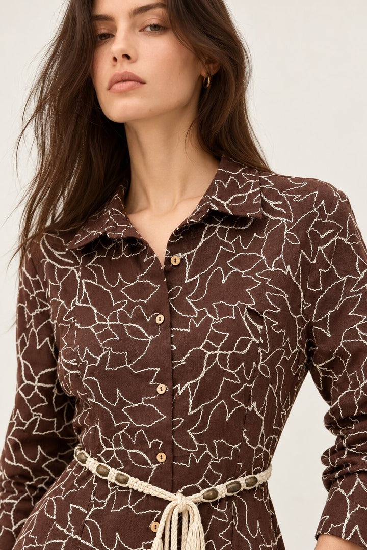 Chocolate Brown Embroidered Shirt Dress with Braided Belt