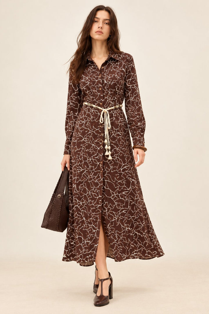 Chocolate Brown Embroidered Shirt Dress with Braided Belt