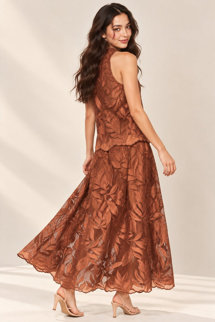Rust Brown Leaf Embroidered Top &amp; Maxi Skirt Co-ord Set