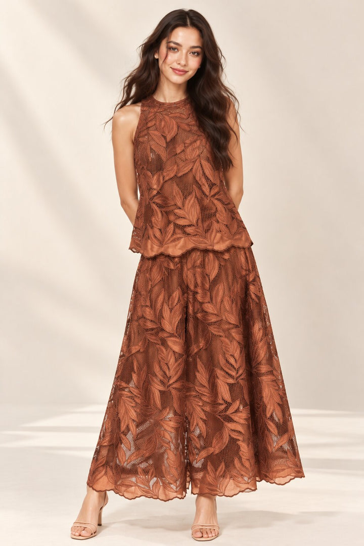 Rust Brown Leaf Embroidered Top &amp; Maxi Skirt Co-ord Set