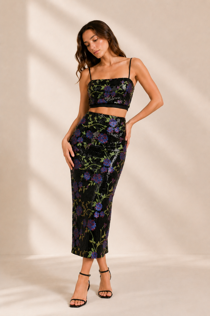 Floral Sequin Crop Top and Maxi Skirt Set