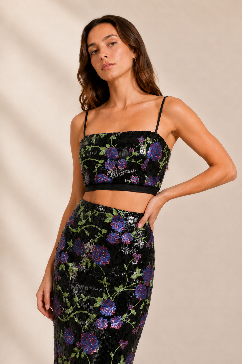 Floral Sequin Crop Top and Maxi Skirt Set
