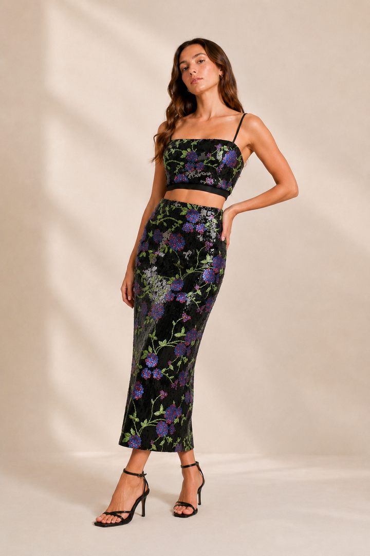 Floral Sequin Crop Top and Maxi Skirt Set