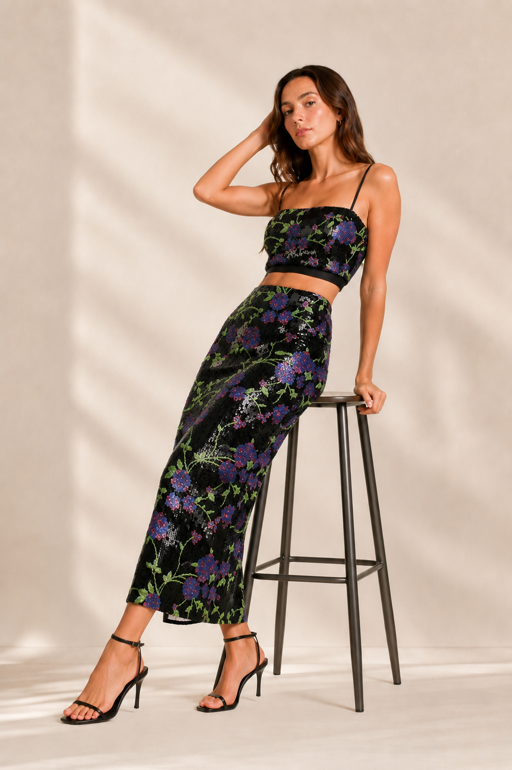 Floral Sequin Crop Top and Maxi Skirt Set