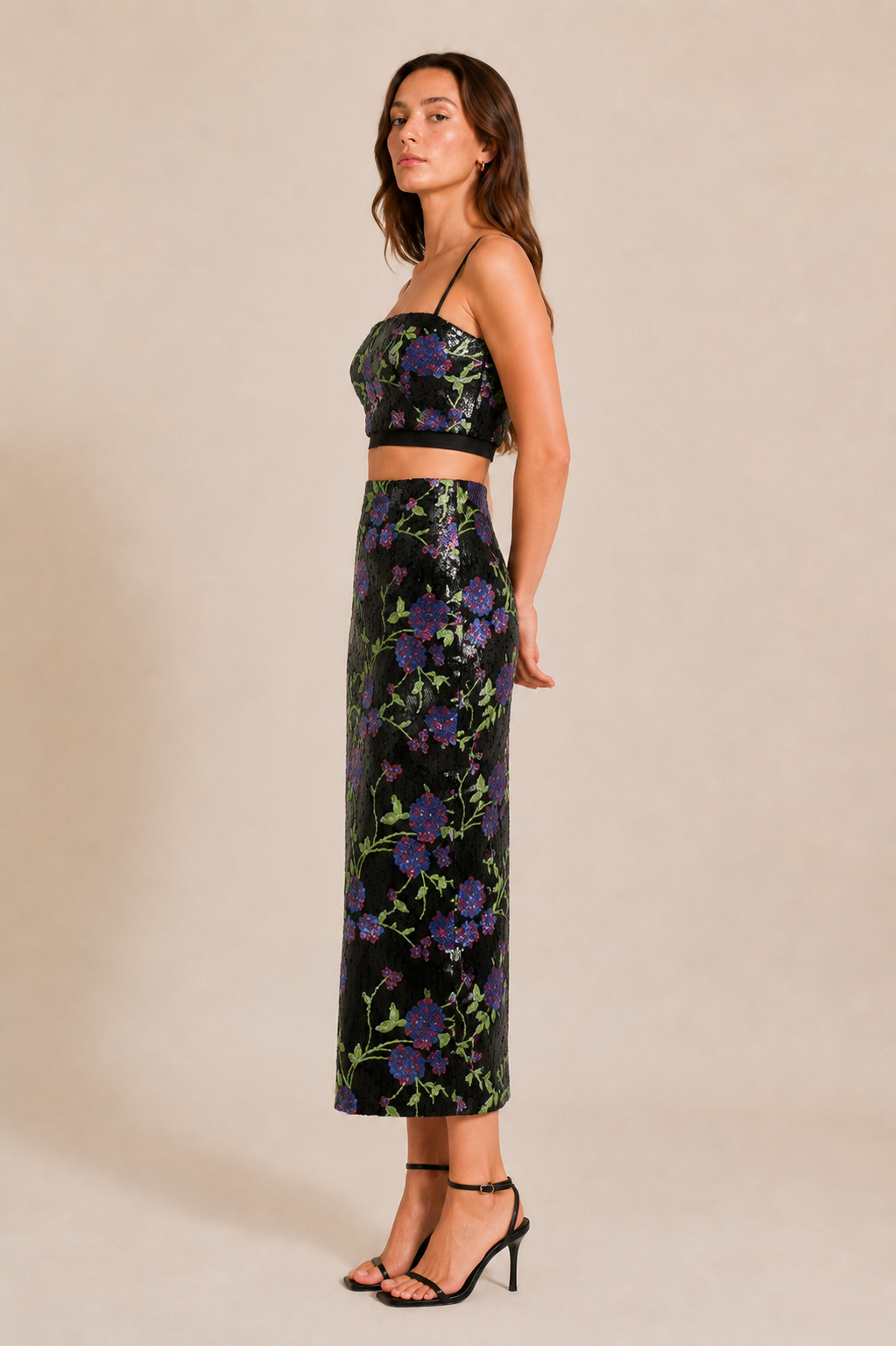 Floral Sequin Crop Top and Maxi Skirt Set