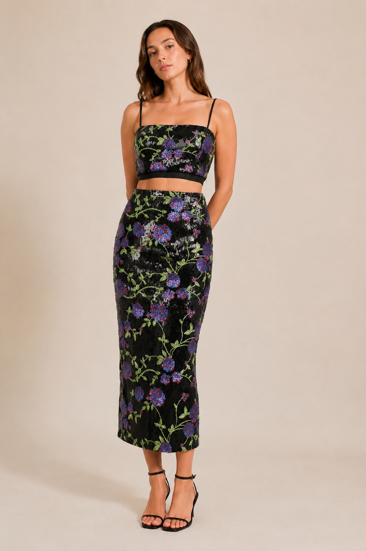Floral Sequin Crop Top and Maxi Skirt Set