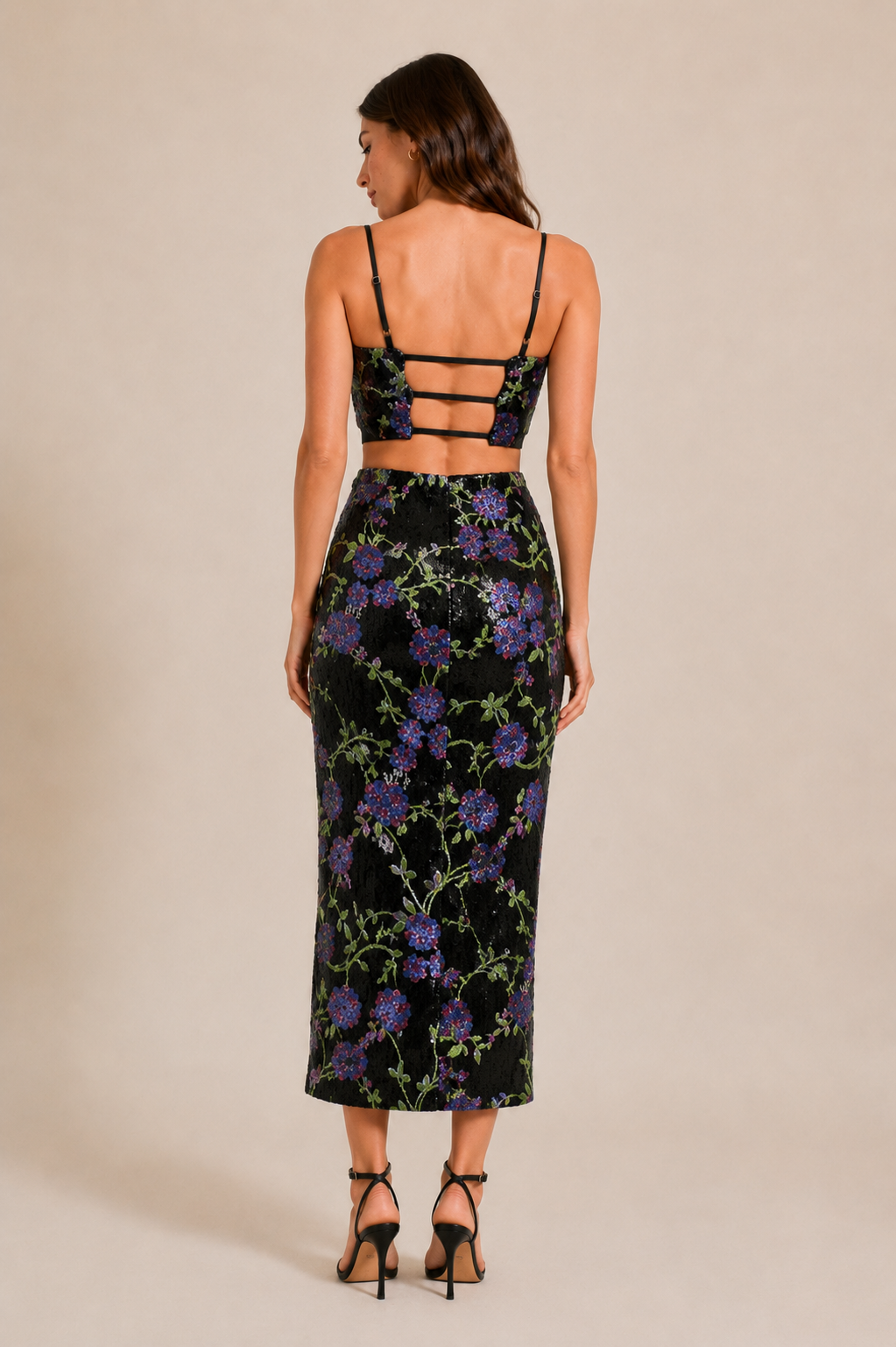 Floral Sequin Crop Top and Maxi Skirt Set