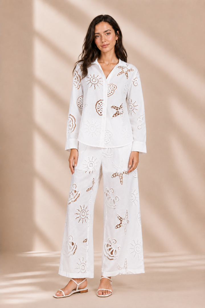 Coastal Motif Cutwork Cotton Co-Ord Set