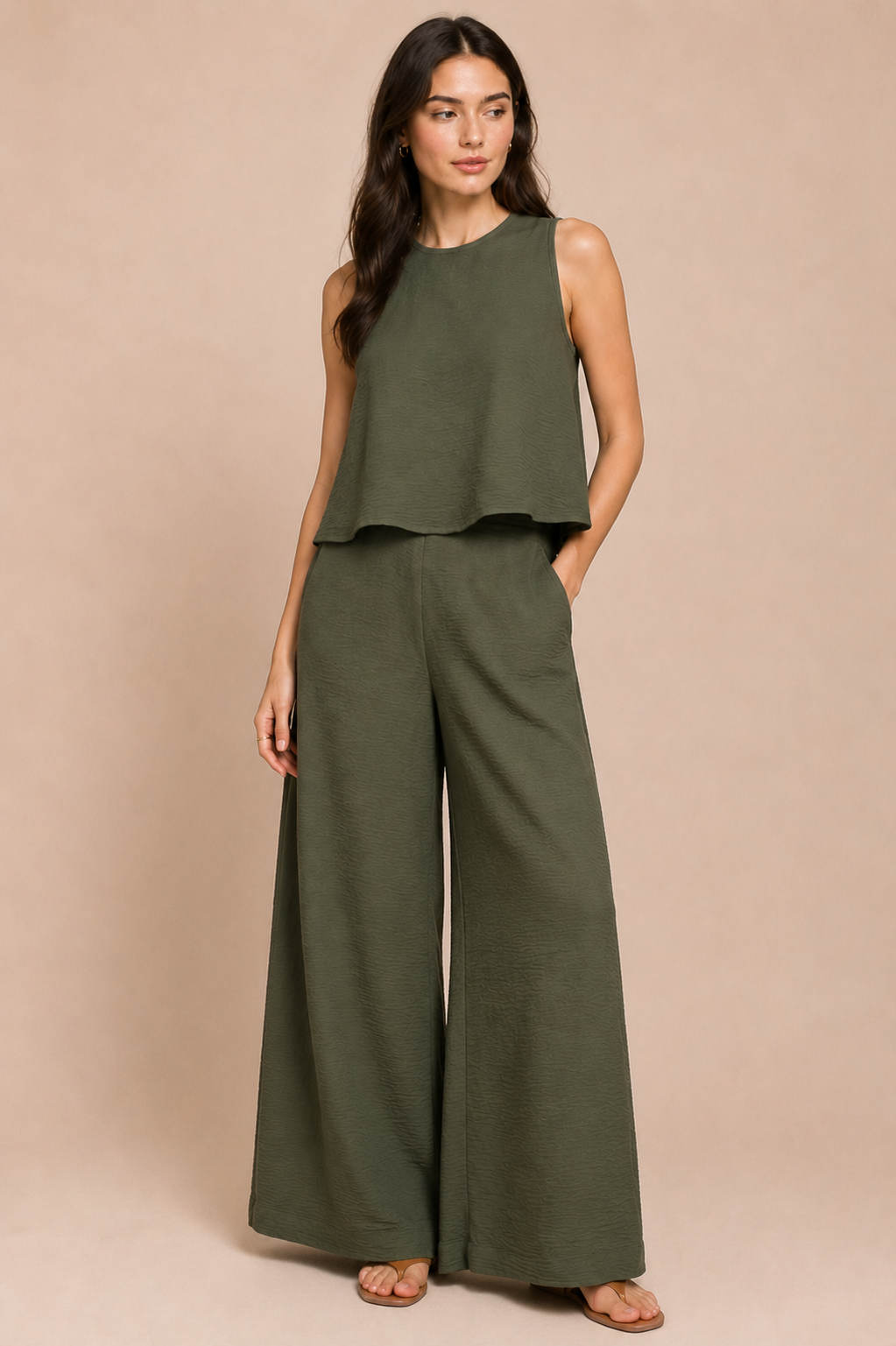 Textured Tank Top &amp; Wide Leg Pant Co-Ord Set