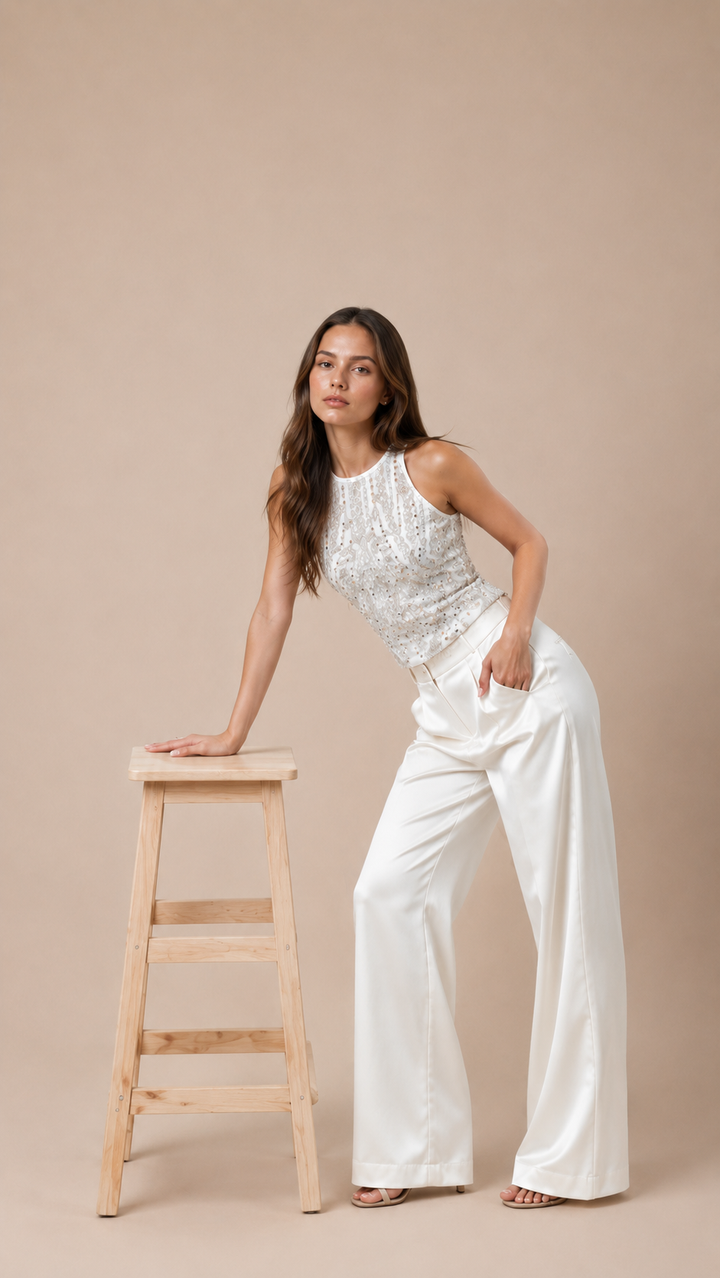 Pearl &amp; Sequin Embellished Halter Tank Top